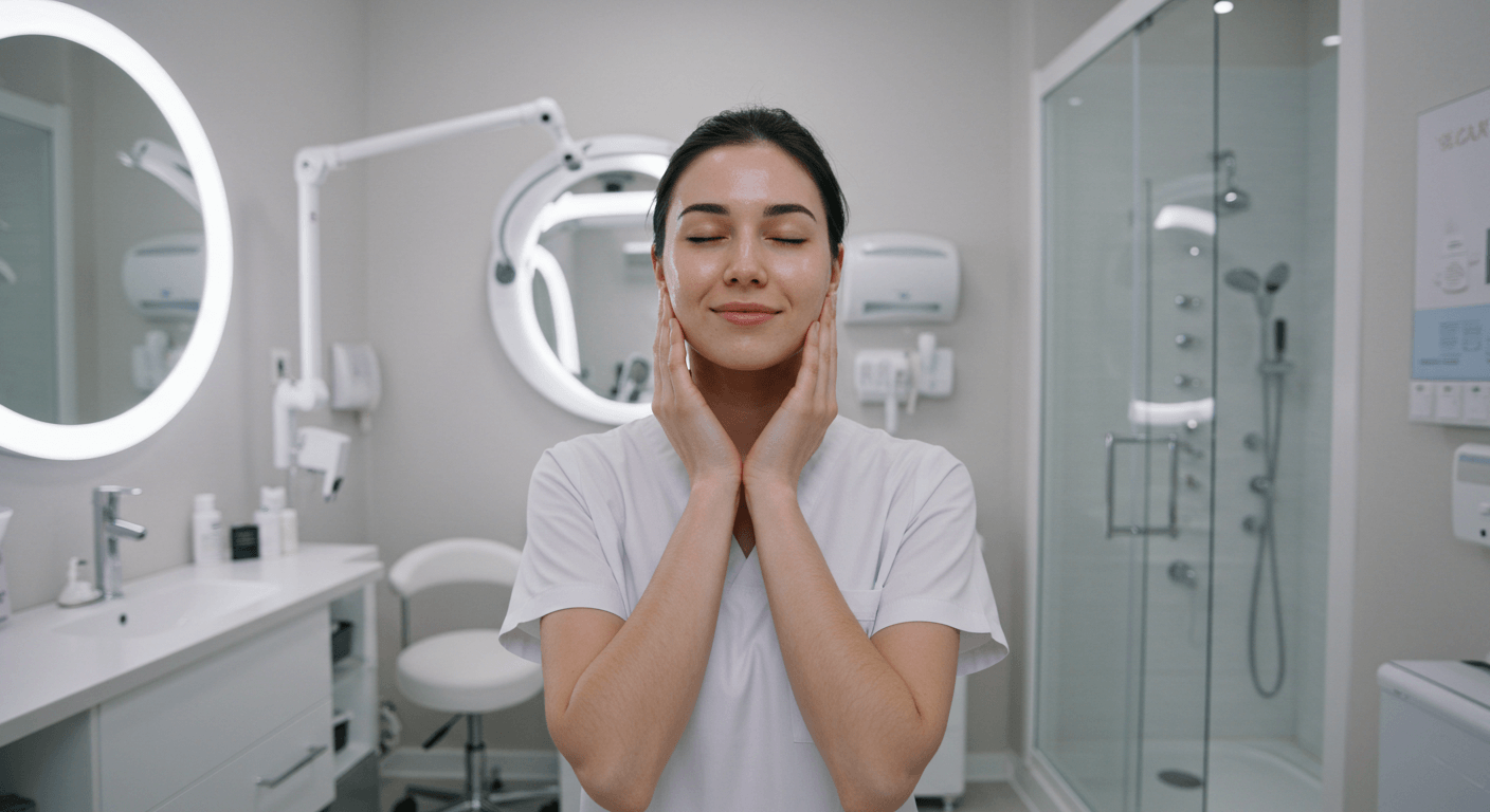 A woman in a skincare clinic gently massaging her face while standing in a clean and modern treatment room.
