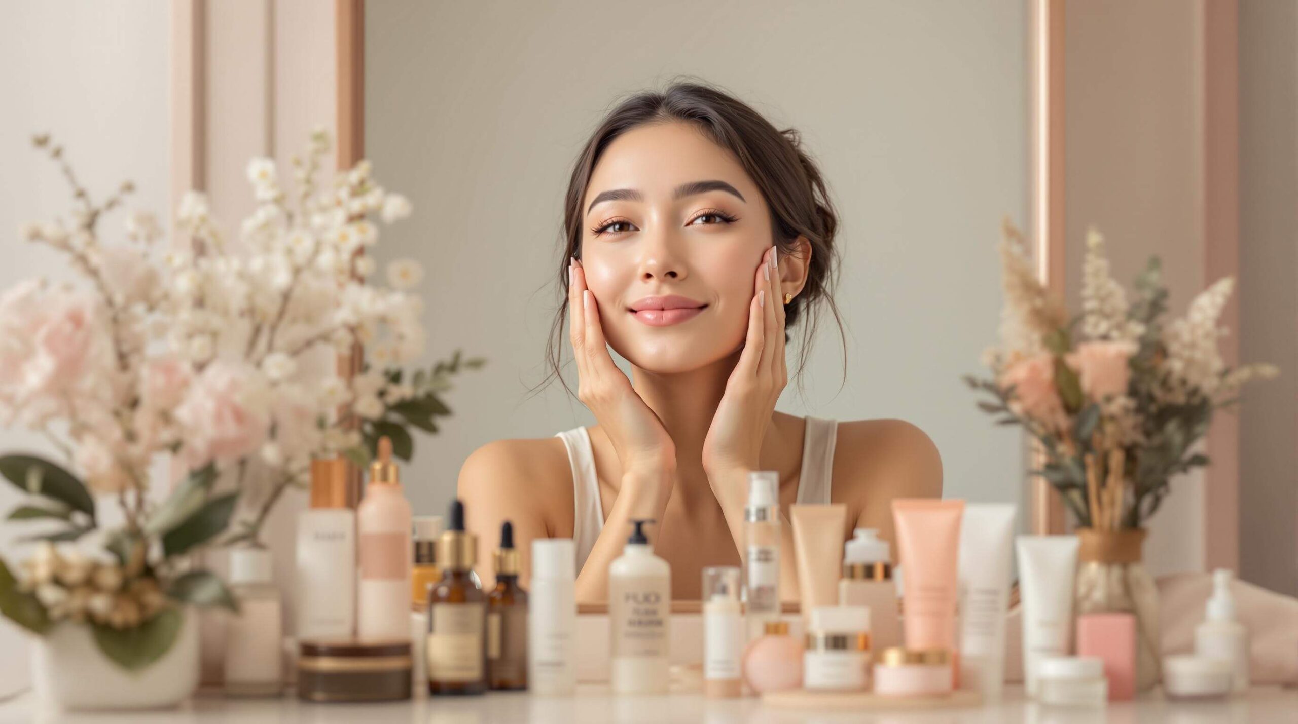 Woman smiling with her hands framing her face, surrounded by skincare products and floral arrangements on a vanity.