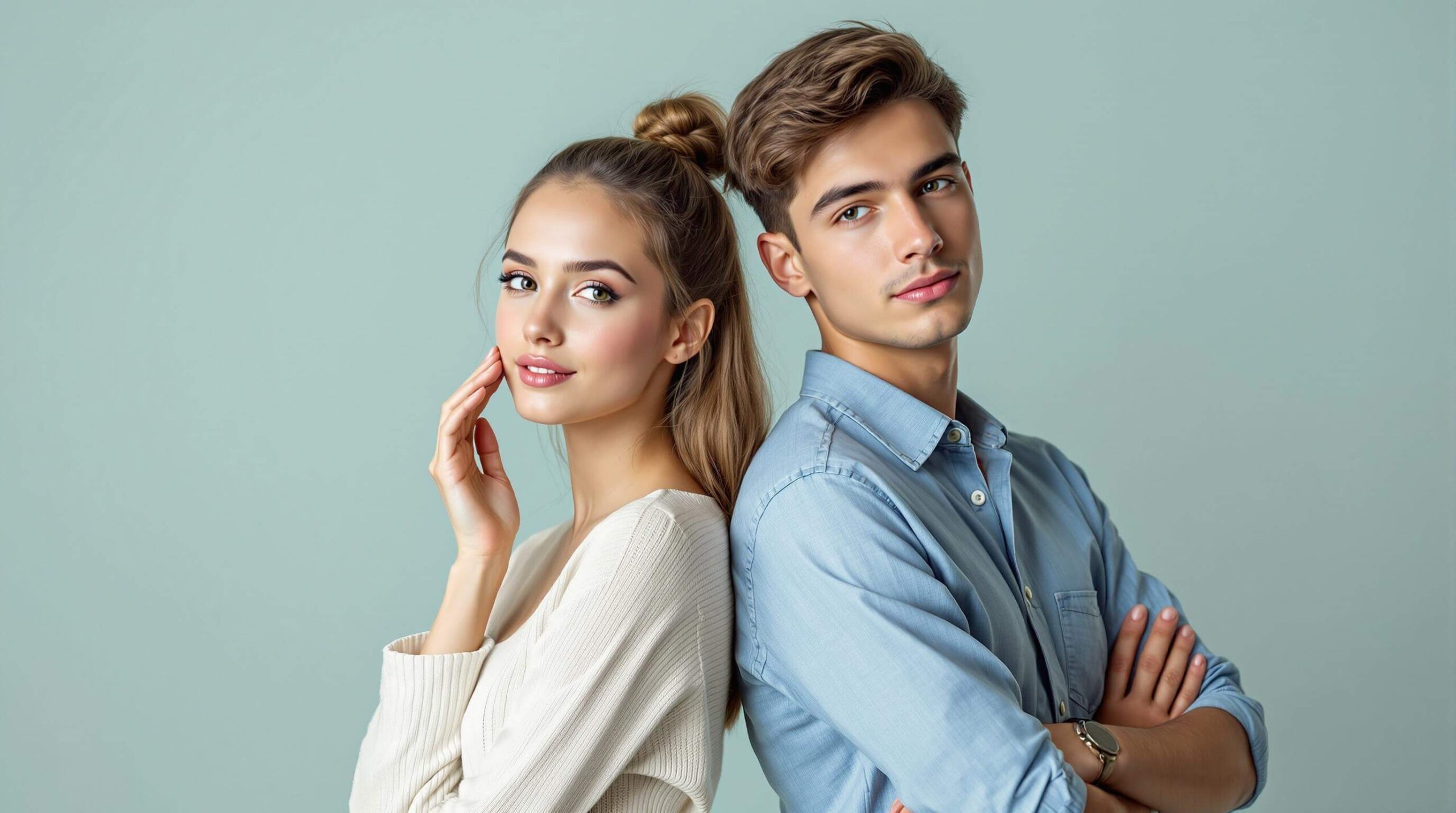 A young woman with glowing skin standing back-to-back with a confident young man against a soft green background.