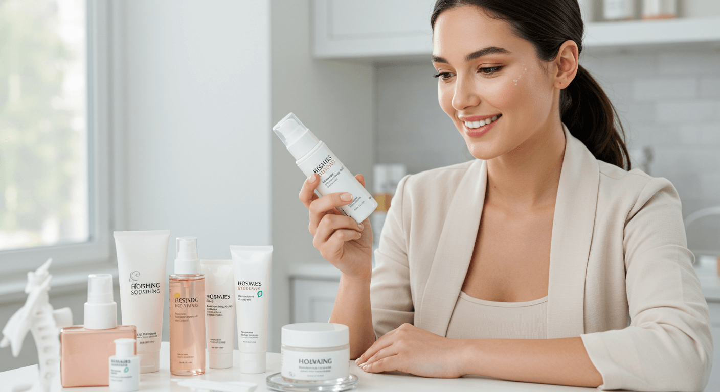 A woman holding a skincare bottle, surrounded by various skincare products on a table.