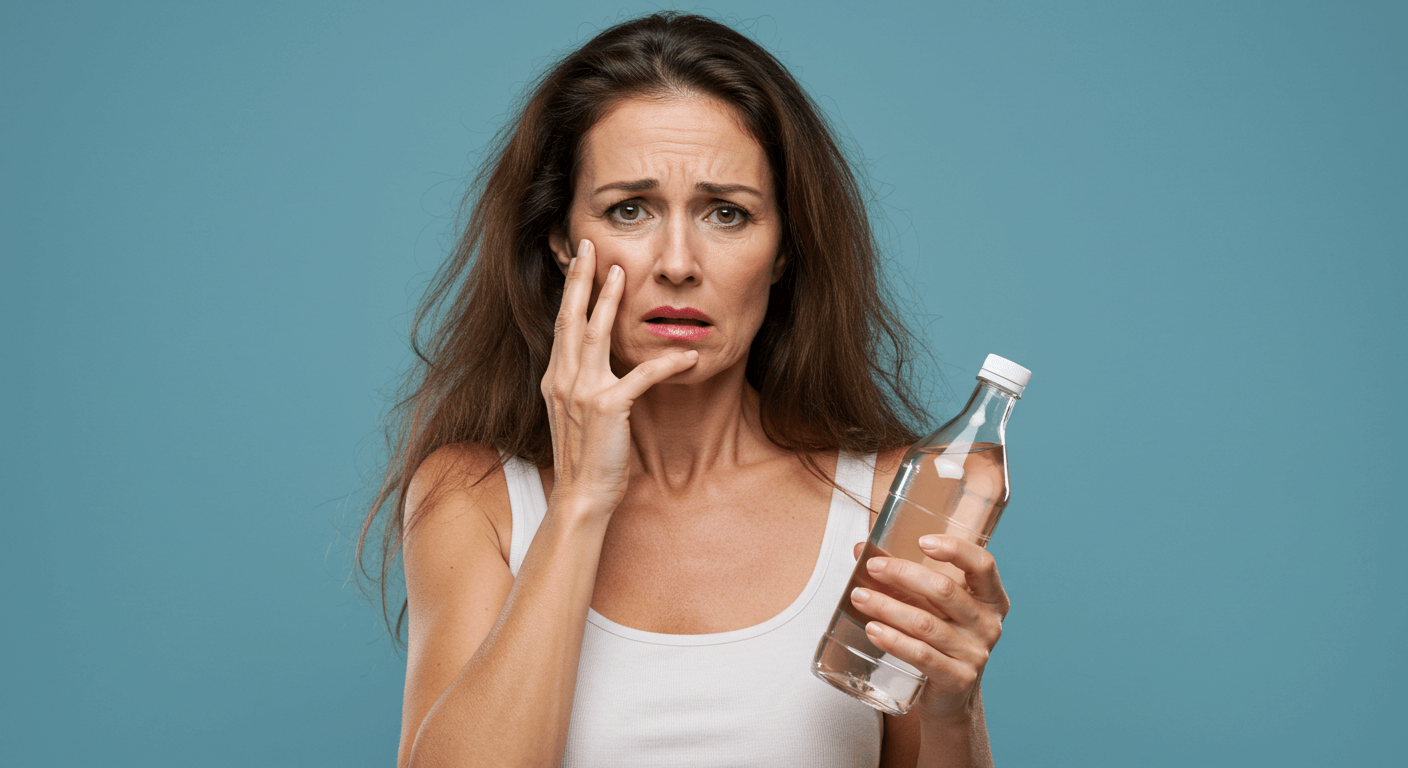A distressed woman holding a bottle of vinegar, touching her cheek in concern against a solid blue background.