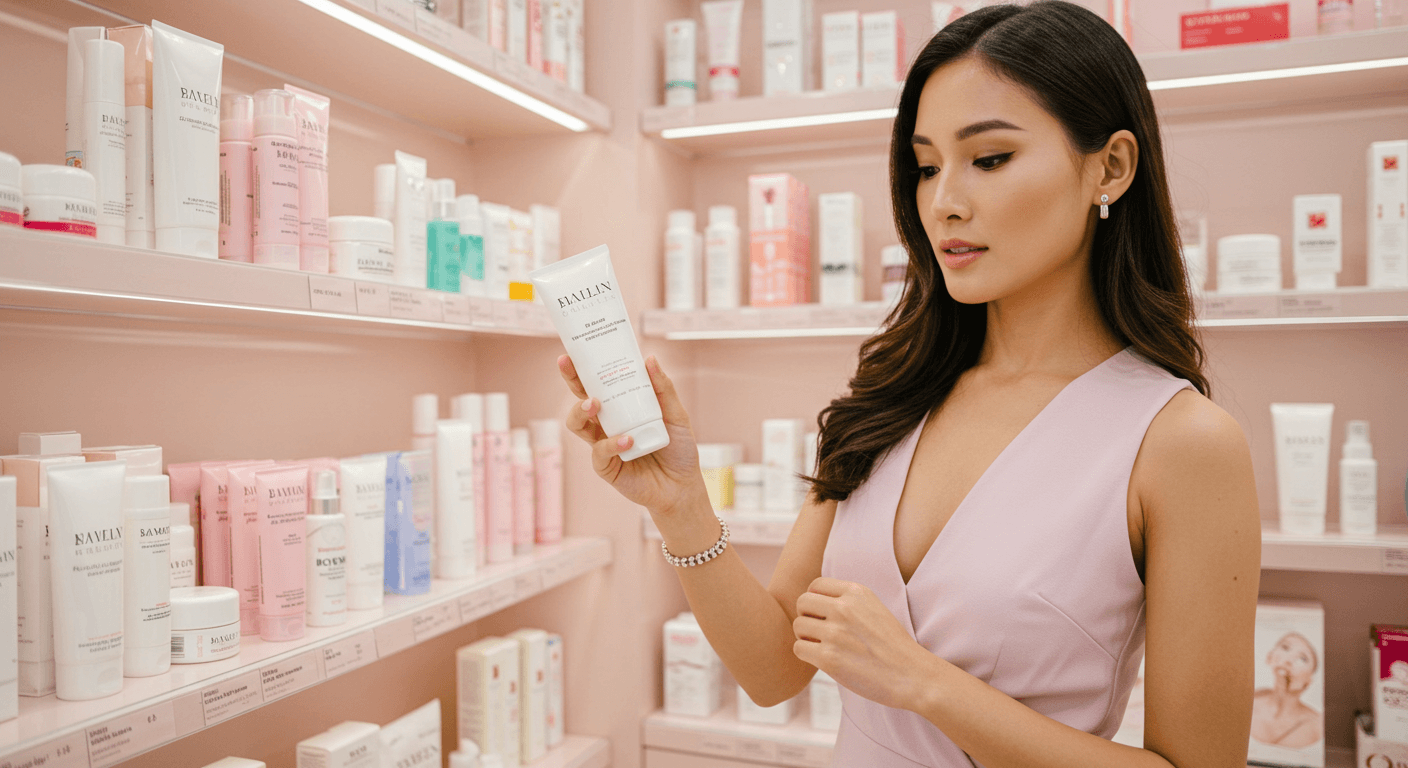 A woman in a pink dress examining a skincare product in a beautifully designed store.