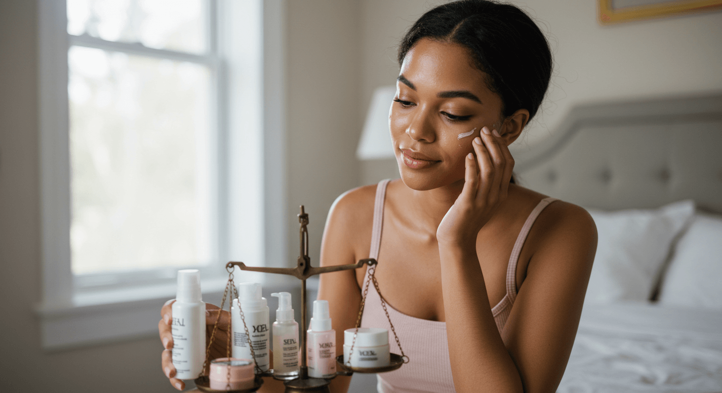 A woman applying skincare products to her face while holding a scale with skincare items on it, in a bright, serene bedroom setting.