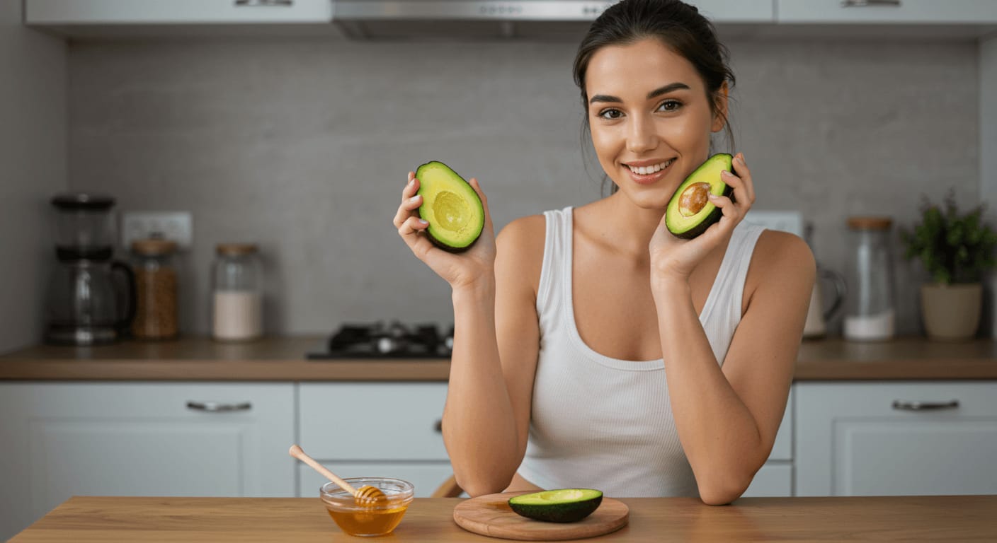 A smiling woman in a white tank top holding two avocado halves in a modern kitchen, with a small bowl of honey and a cutting board on the table. She is doing 1 of 5 Best DIY Face Masks for Glowing Skin