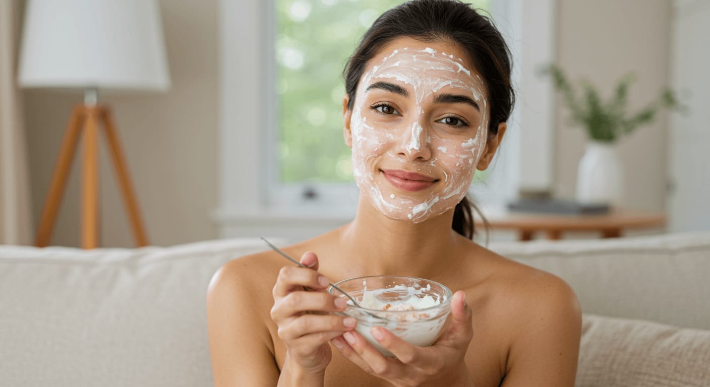 A woman with a DIY face mask applied to her face, holding a bowl of the mixture and smiling while sitting on a couch in a cozy, well-lit living room.