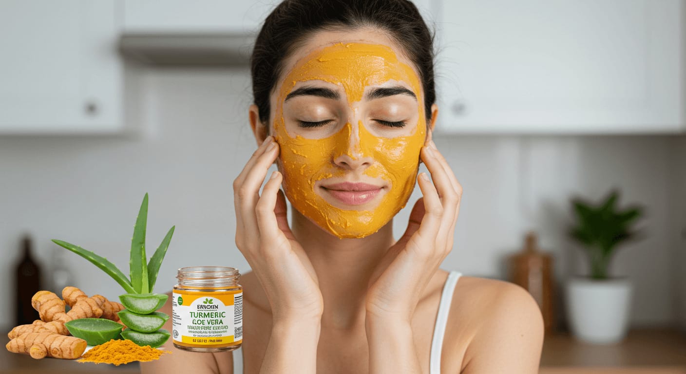 A woman with a turmeric face mask applied, gently touching her face with closed eyes, alongside turmeric roots, aloe vera, and a jar of turmeric and aloe vera mask in a kitchen setting.
