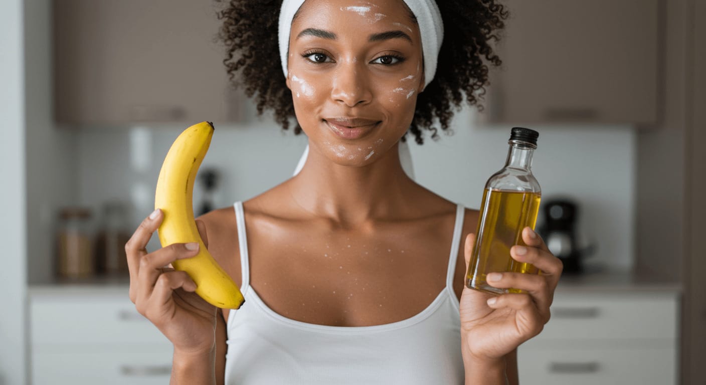 A woman with a headband and a DIY face mask applied, holding a banana in one hand and a bottle of olive oil in the other, standing in a modern kitchen.