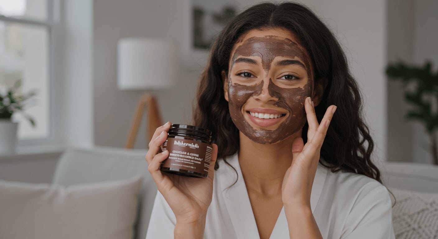 A woman with a chocolate face mask applied, smiling and holding a jar of the mask while sitting in a cozy living room.