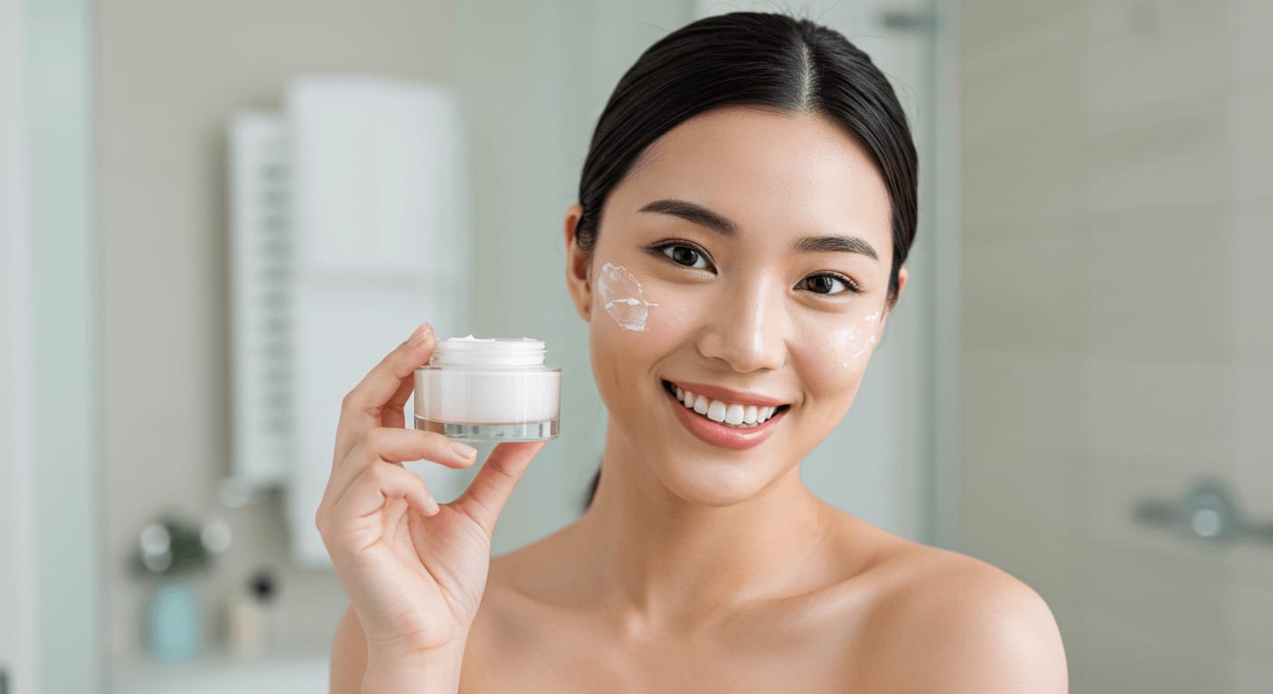 A smiling woman with smooth skin holds a jar of face cream while applying the product to her cheeks in a bright bathroom.