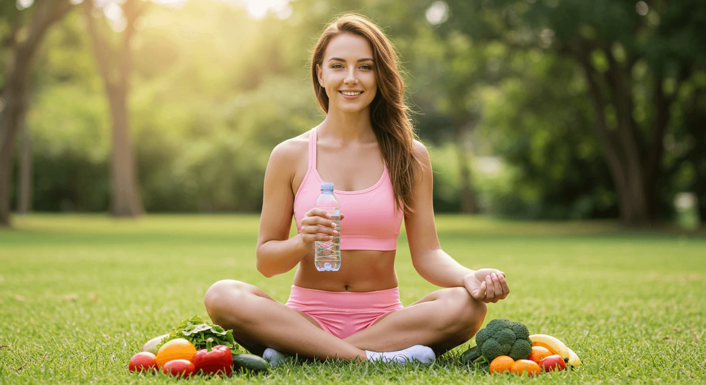 A smiling woman in a pink sports outfit sits cross-legged on grass, holding a water bottle, surrounded by fresh fruits and vegetables in a park.