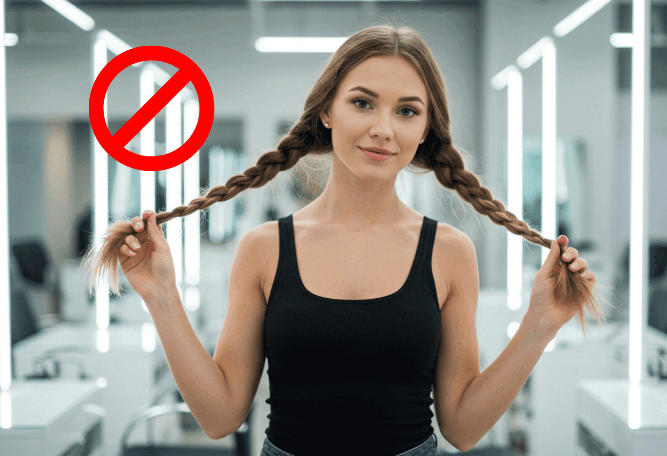 A young woman in a salon with two tight braids, holding the ends of her hair, with a red prohibition sign over the image.