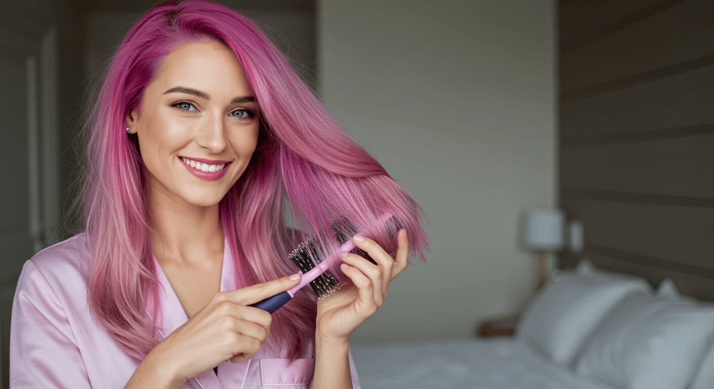 A smiling woman with vibrant pink hair gently brushes her hair using a round brush, emphasizing careful handling to maintain hair health.