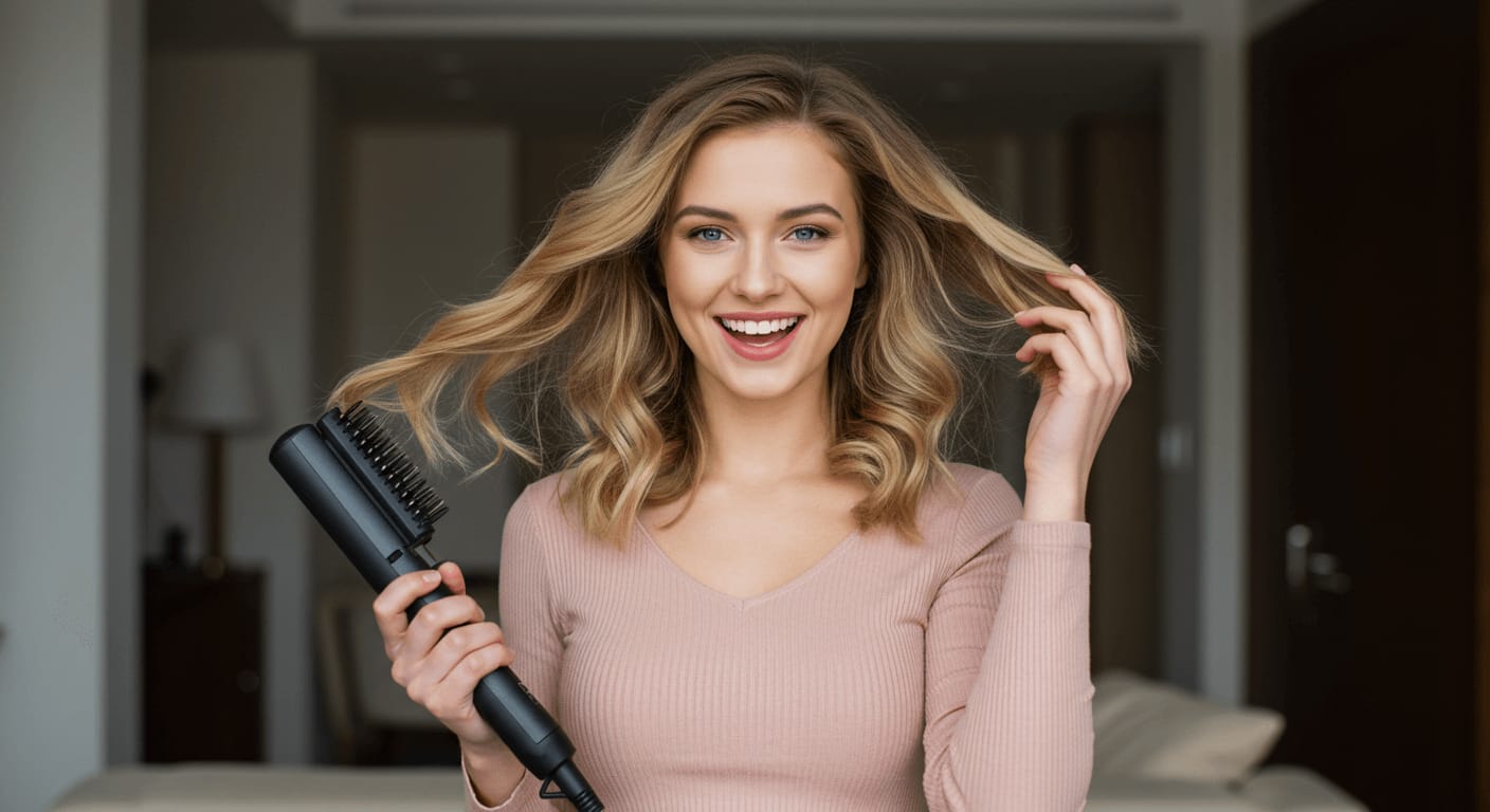 A smiling woman with voluminous, styled blonde hair holds a heated hairbrush in a cozy bedroom setting.
