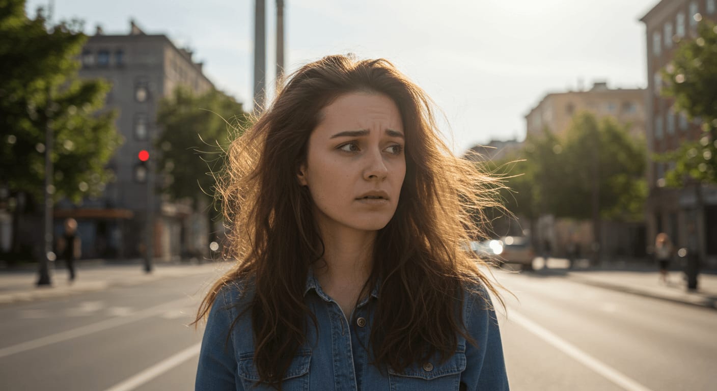 A young woman with dry, frizzy hair looks distressed while standing on a city street in sunlight.