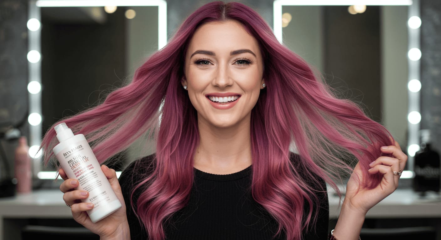 A woman with vibrant pink and purple ombré hair smiles while holding a bottle of shampoo in one hand and lifting a section of her colorful hair with the other, standing in a well-lit salon.