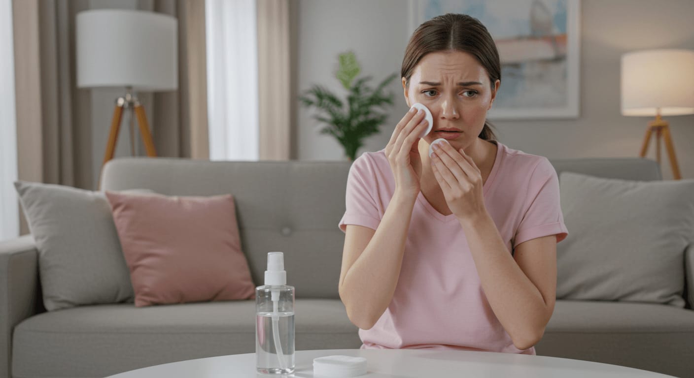 A woman with a concerned expression dabs her irritated skin with a cotton pad after experiencing discomfort from a skincare product.