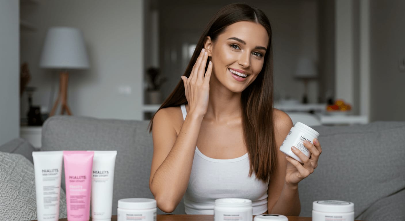 A young woman with long, straight brown hair smiles while applying cream to her face, surrounded by an assortment of hair care creams and masks on a table in a cozy, modern living room.