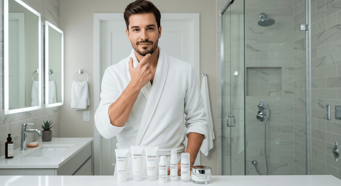 A man in a white bathrobe stands in a modern bathroom, touching his face with confidence, surrounded by an array of skincare products.