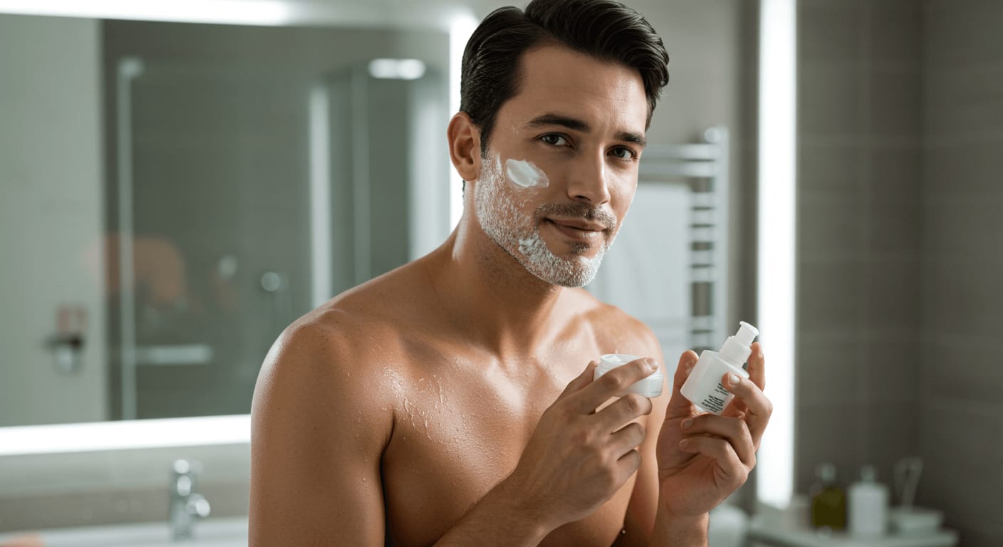 A shirtless man applies moisturizer to his face after shaving in a modern bathroom.