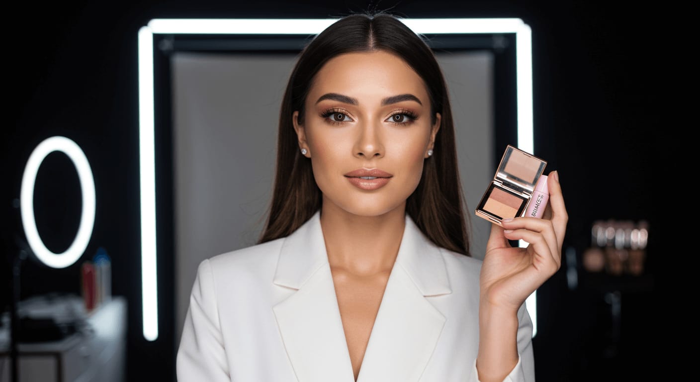 A beauty expert in a sleek white blazer holds a compact bronzer, showcasing a flawless makeup look in a professional studio setup.