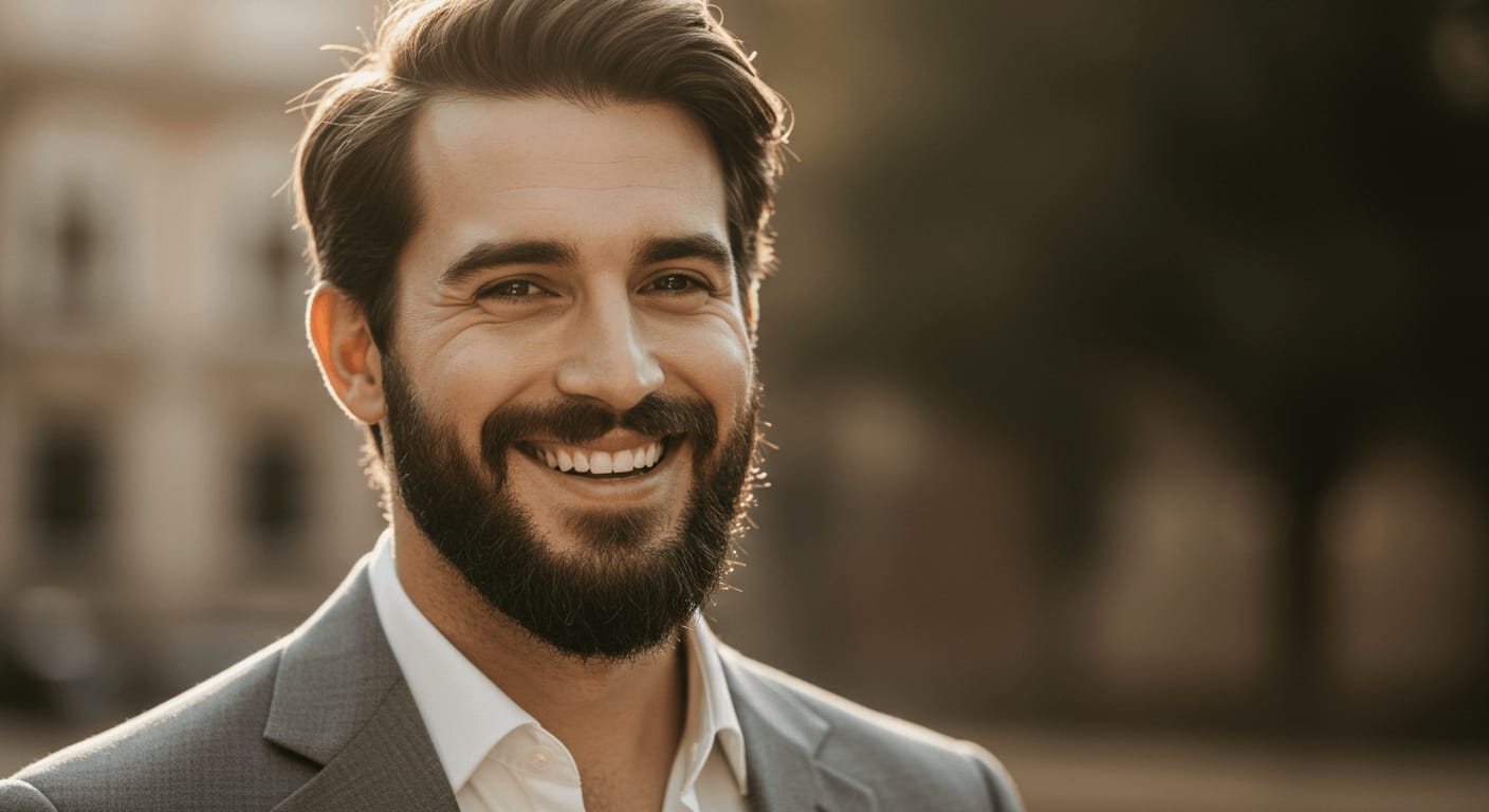 A bearded man in a gray suit smiles confidently outdoors in warm, natural lighting.