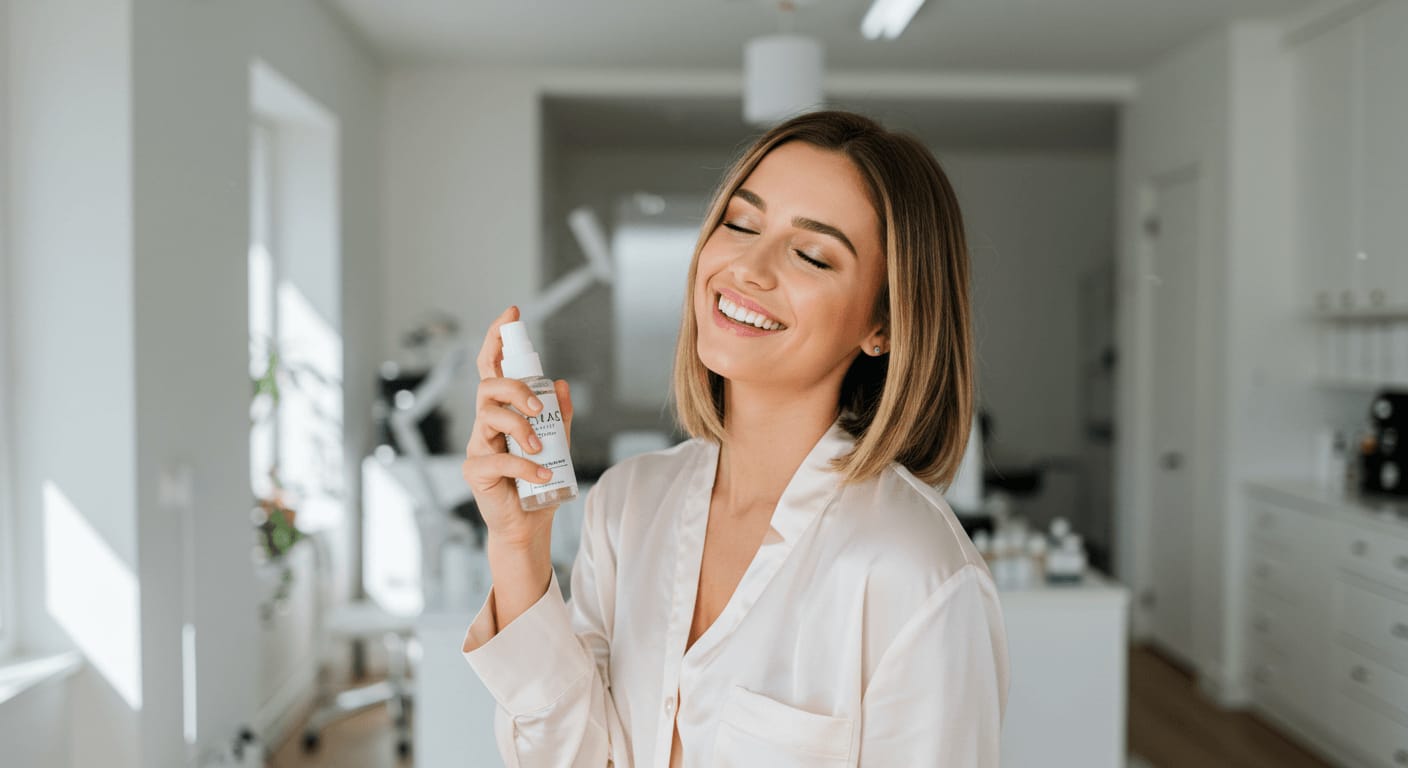 A smiling woman with short, sleek blonde hair holds a hydrating face mist bottle in a bright, modern skincare studio.