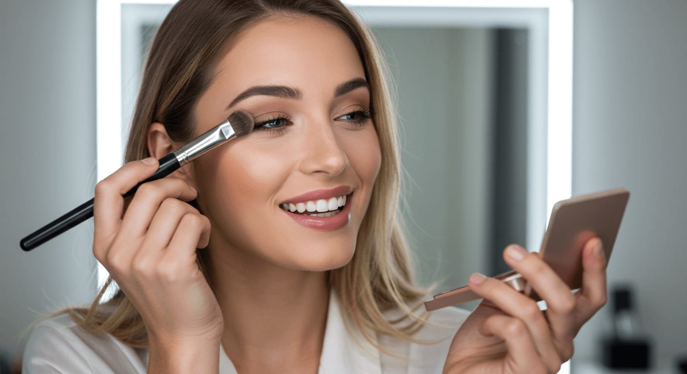 A smiling woman applies eyeshadow with a blending brush while looking into a compact mirror in a professional makeup studio.
