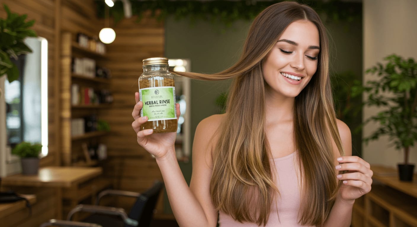 A woman in a salon holds a bottle of herbal rinse while admiring her long, shiny hair.