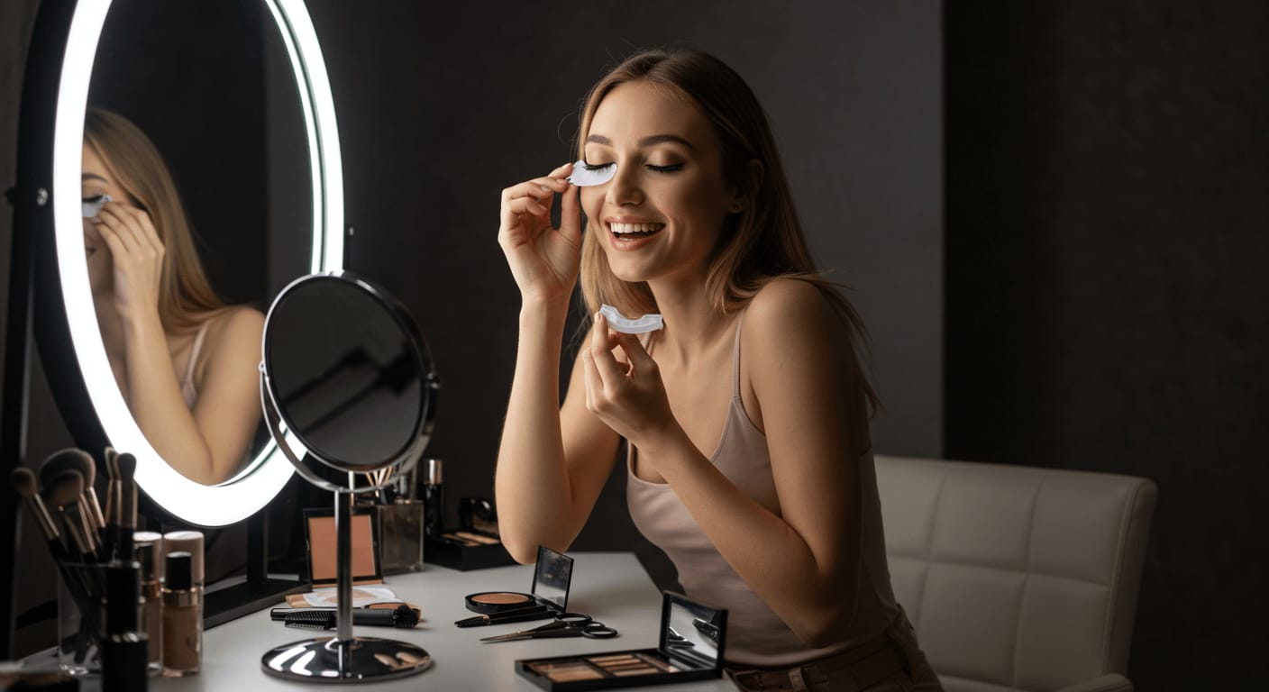 A smiling woman applies false eyelashes in front of an illuminated vanity mirror, surrounded by makeup essentials.