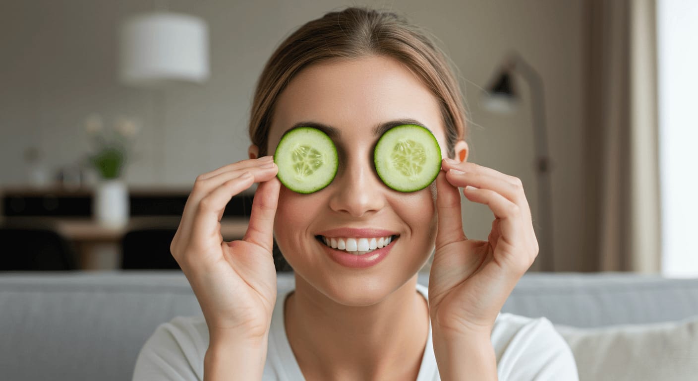 A smiling woman holds cucumber slices over her eyes, enjoying a refreshing skincare routine.