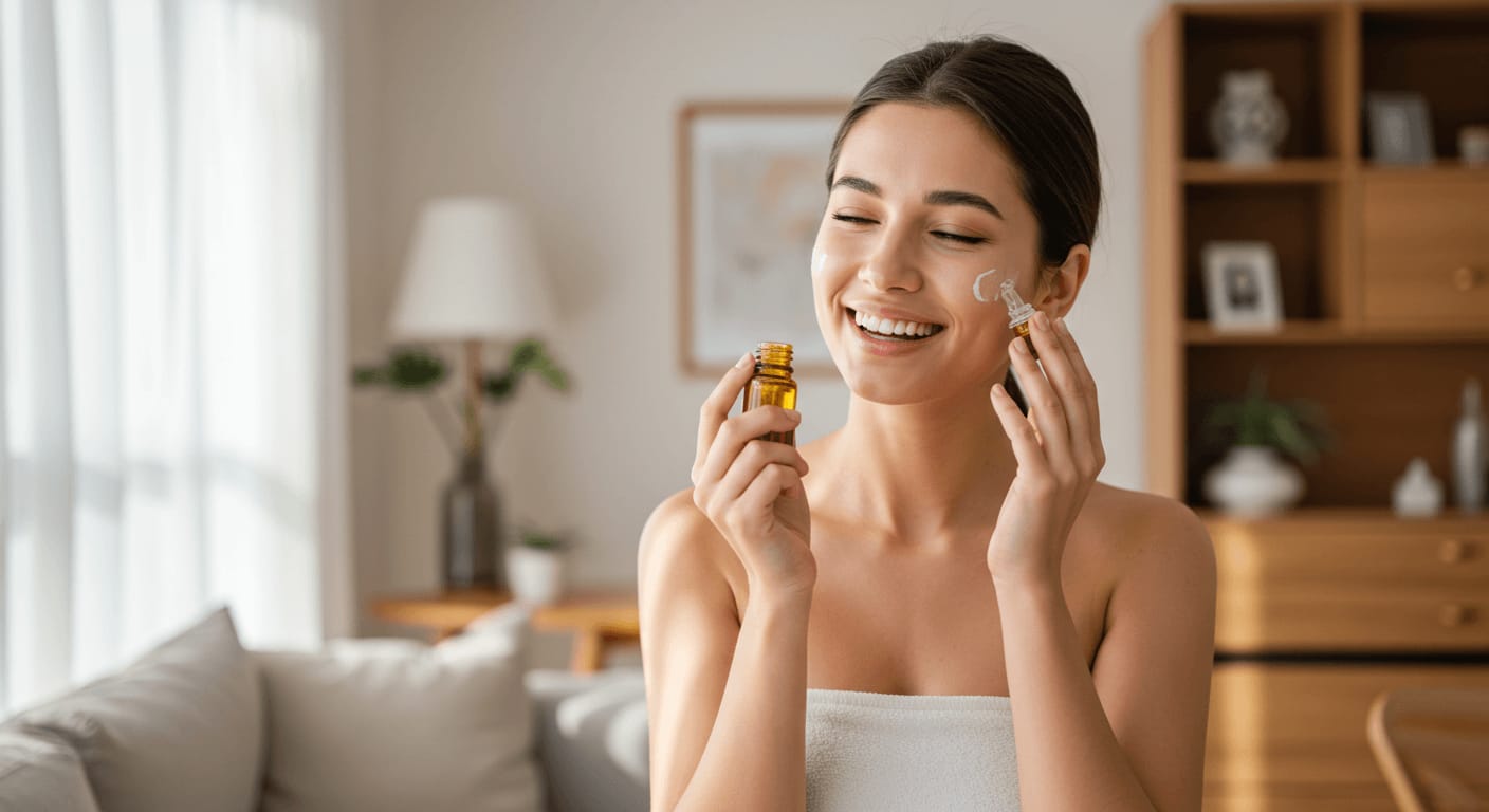 A smiling woman applies essential oil and moisturizer to her face, enjoying a natural skincare routine.