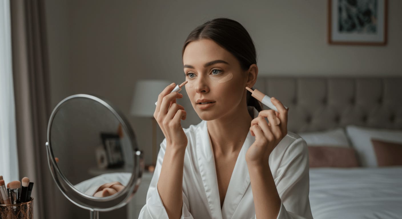 A woman in a white robe applies concealer under her eyes while looking into a mirror in a softly lit bedroom.