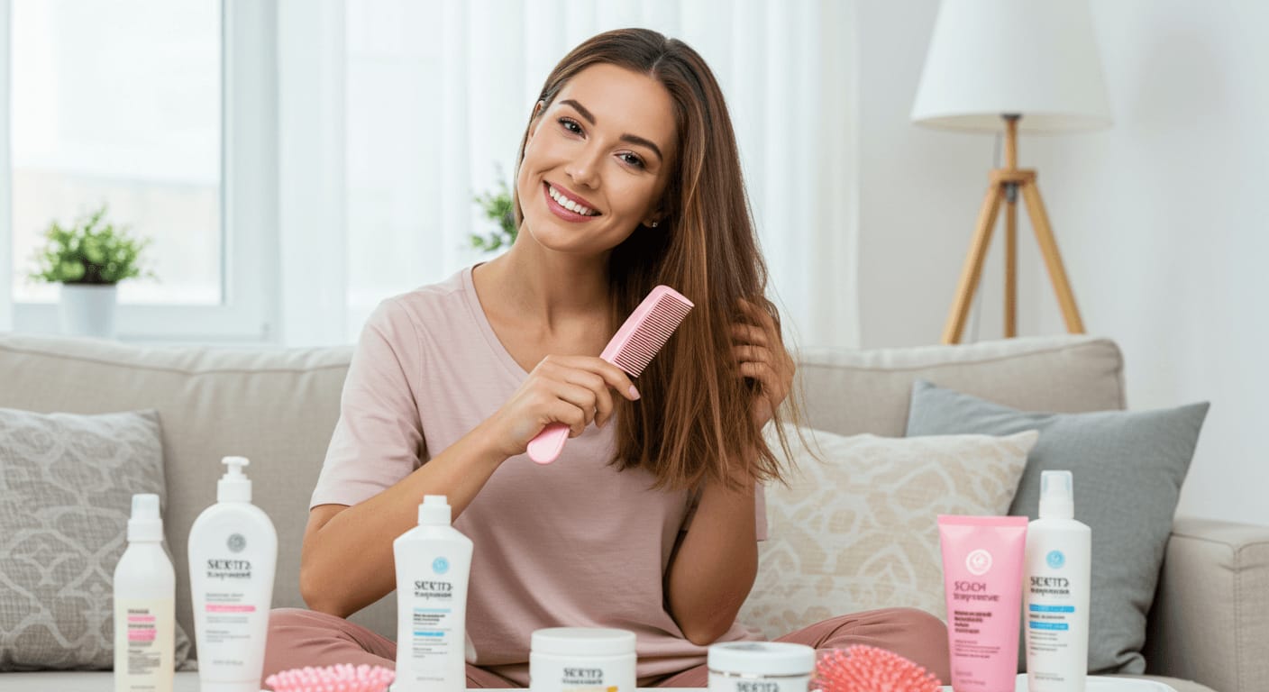 A woman with long, healthy brown hair sits on a cozy couch, smiling while brushing her hair with a pink comb, surrounded by hair care products.
