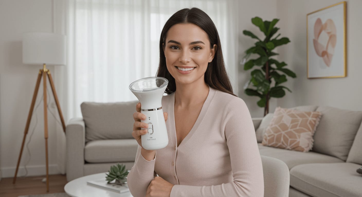 A woman sitting in a cozy living room, smiling while holding a sleek white facial steamer in her hand.