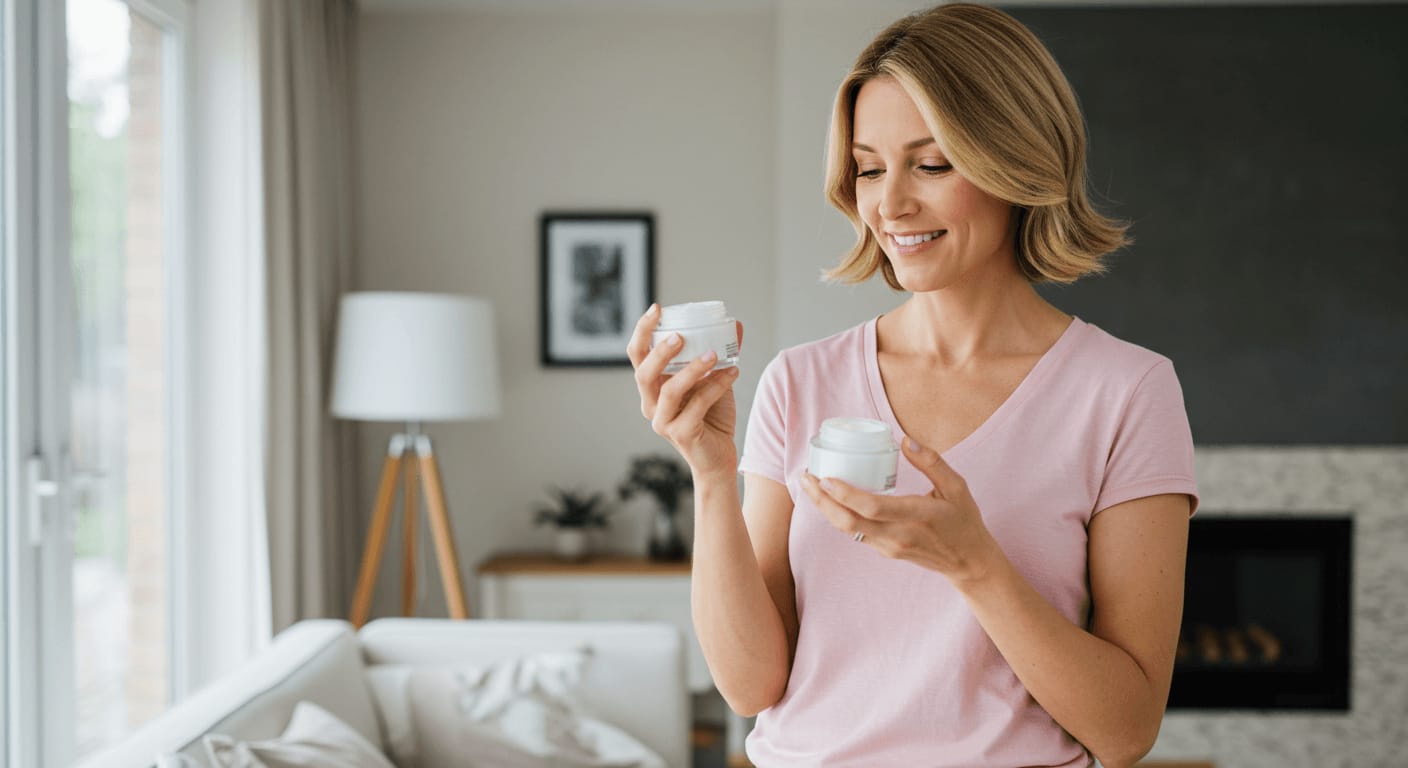 A woman in a soft pink t-shirt smiles while comparing two skincare cream jars in a cozy, well-lit living room.
