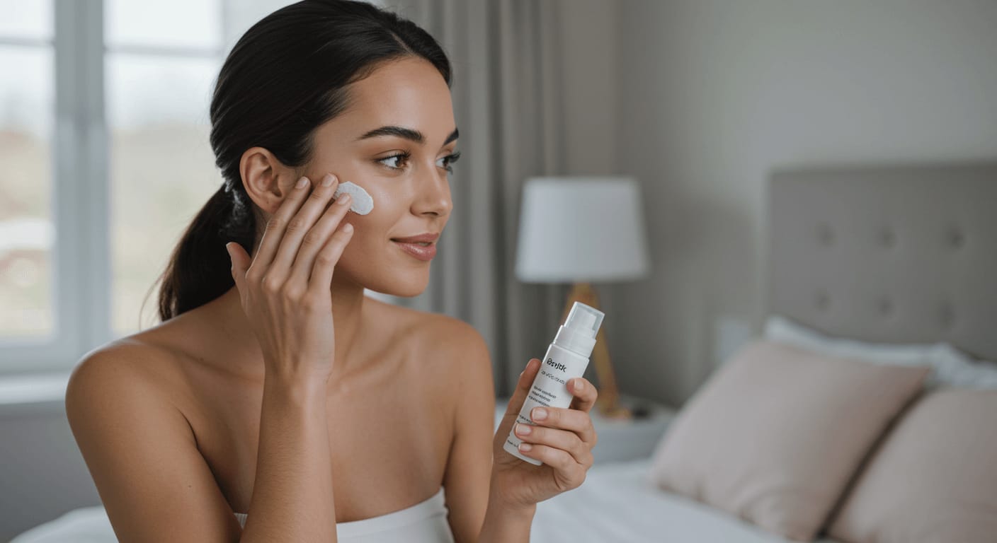 A woman with glowing skin applies a firming cream to her cheek while holding a skincare bottle in a softly lit bedroom.