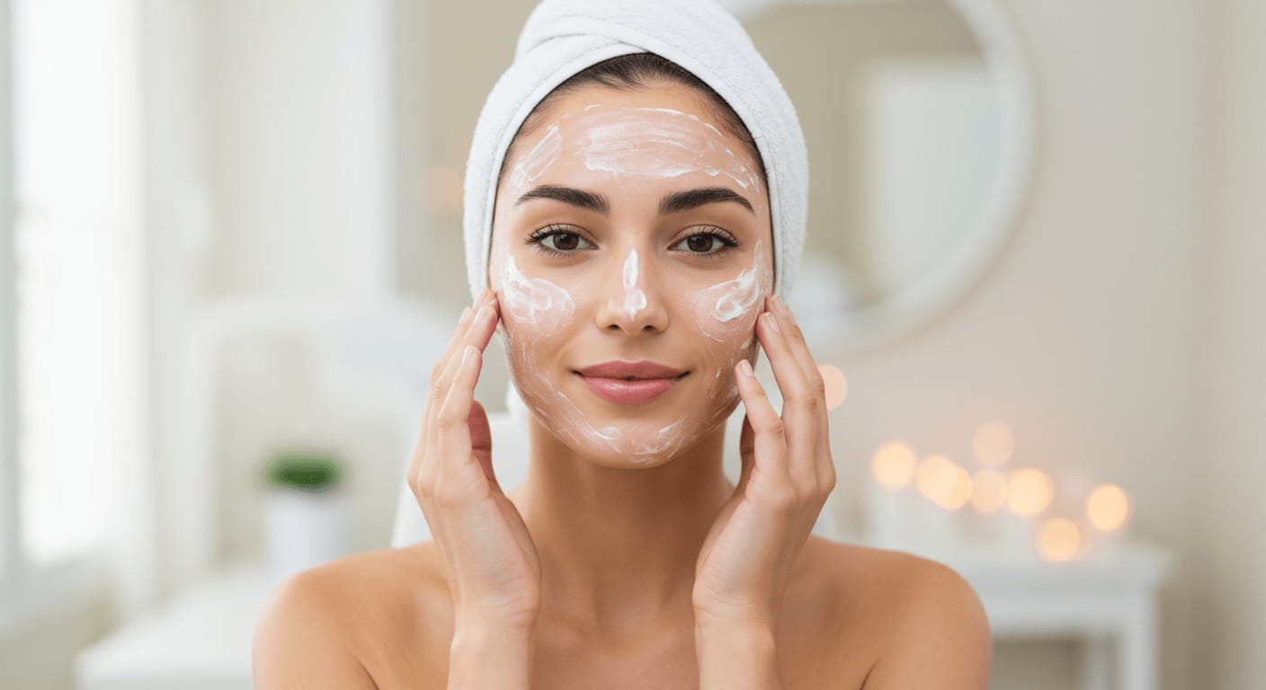 A woman with a fresh face and a towel wrapped around her head applies a creamy cleanser to her skin, preparing for a facial steaming session.