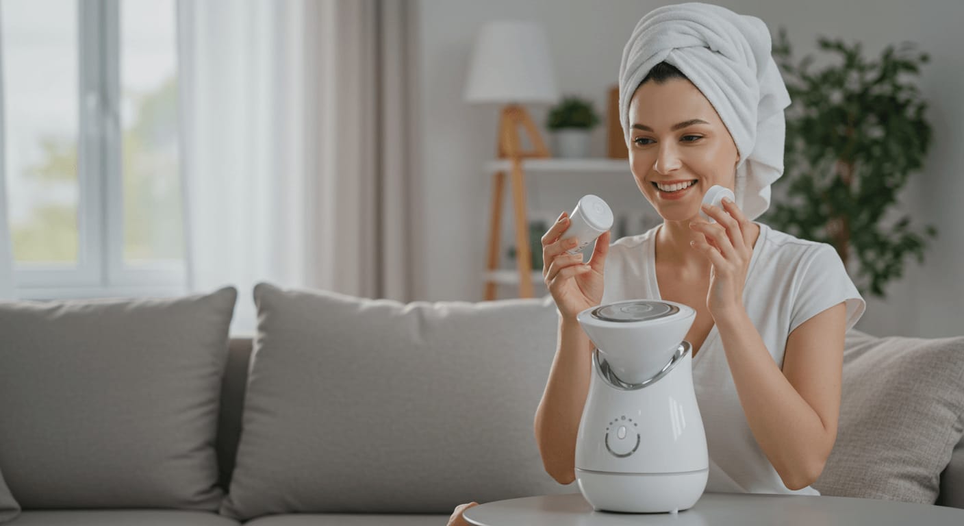 A woman in a white t-shirt and towel-wrapped hair prepares her facial steamer while smiling in a cozy living room setting.