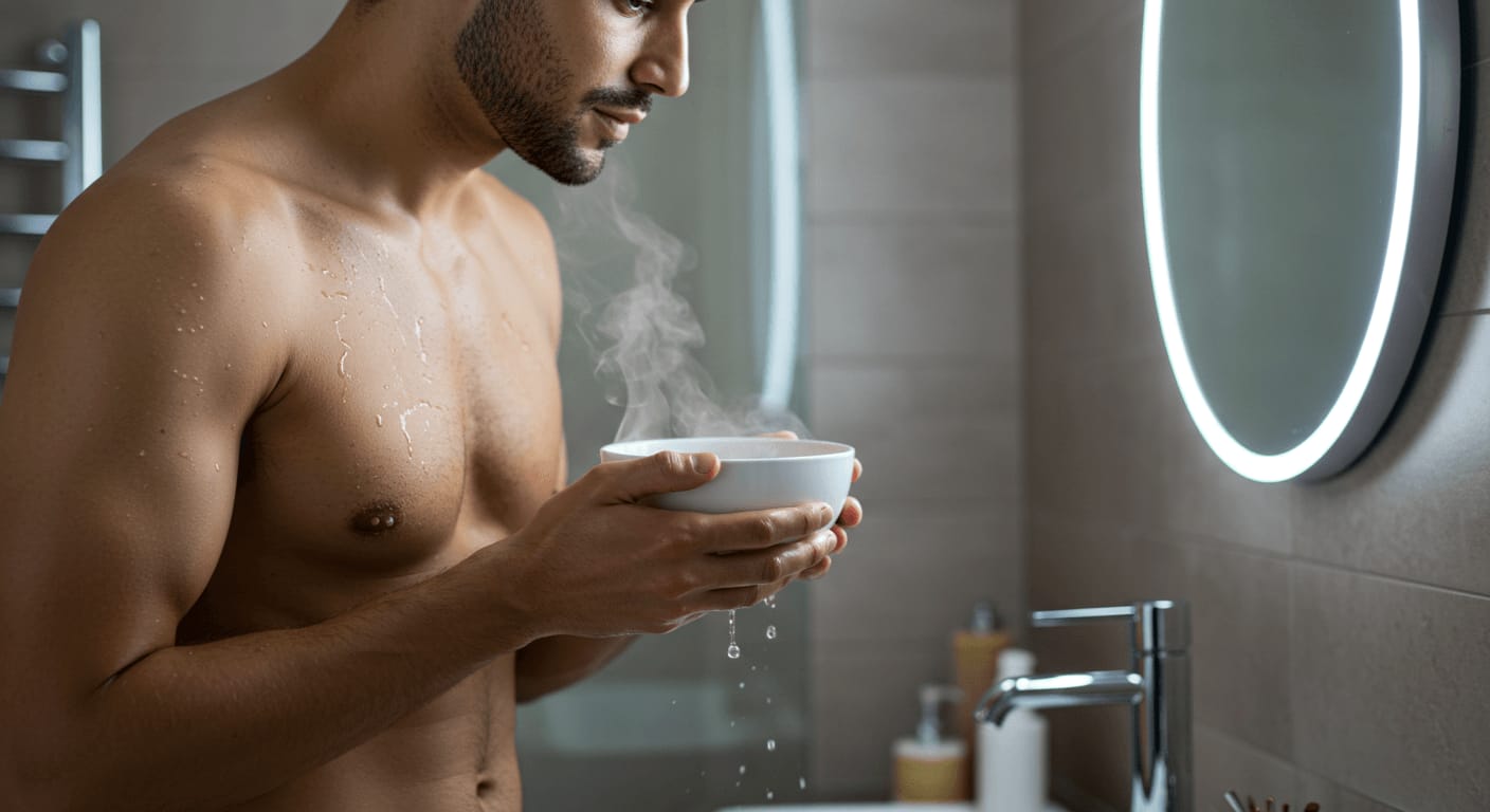 A shirtless man holds a steaming bowl of water in a bathroom, preparing his skin before shaving.
