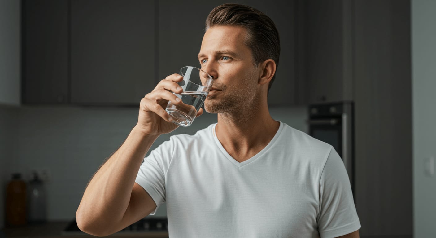A man in a white t-shirt drinks a glass of water in a modern kitchen, emphasizing the importance of hydration.