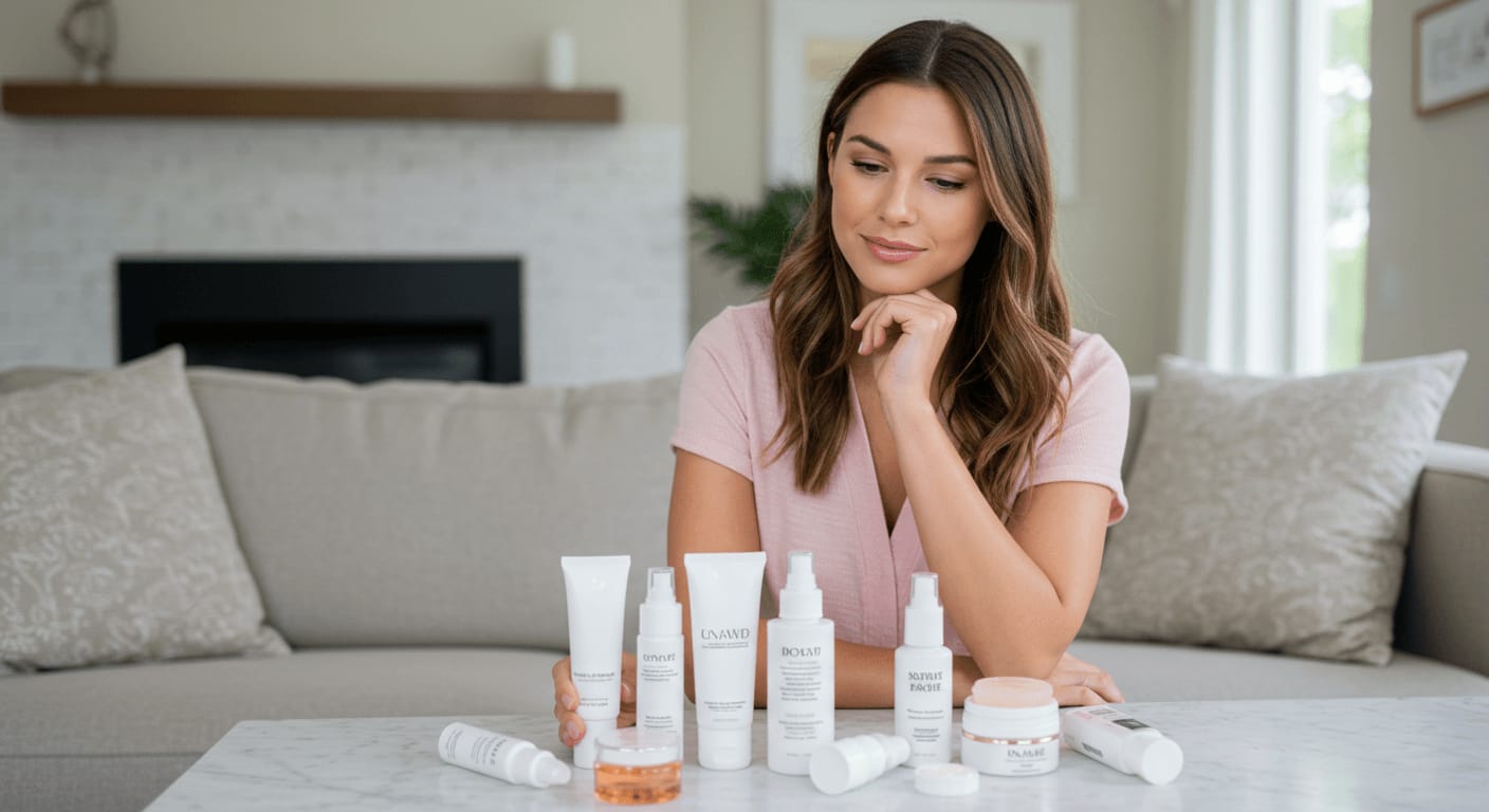 A woman sits in a modern living room, thoughtfully examining an array of skincare products displayed on a marble table.