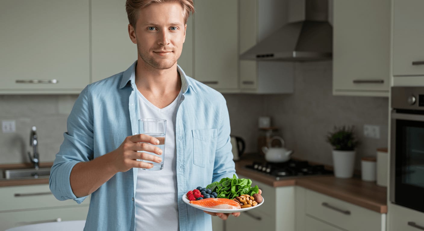 A young man in a light blue shirt holds a plate of healthy food and a glass of water in a modern kitchen.