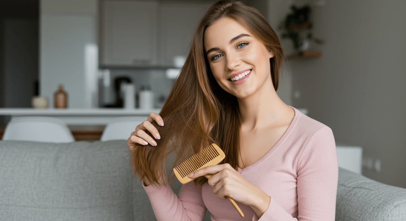 A woman gently combing her long, healthy hair with a wooden wide-tooth comb while smiling.