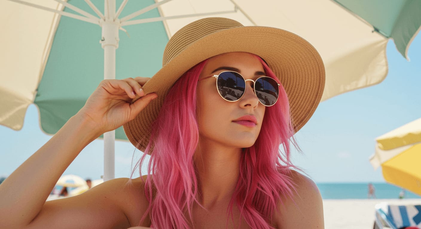 A woman with vibrant pink hair wears a wide-brimmed hat and round sunglasses while relaxing under a beach umbrella on a sunny day.
