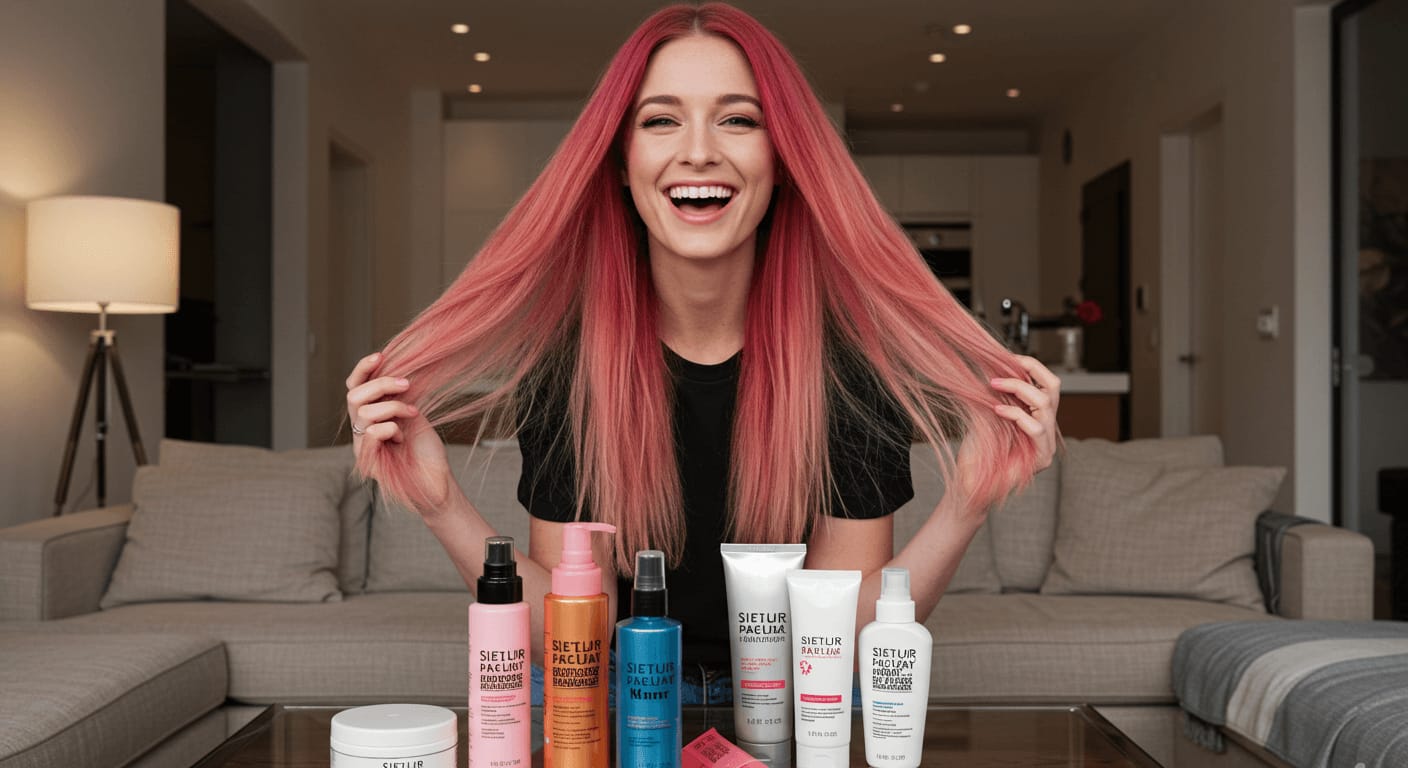 A cheerful woman with long, straight pink hair shows off her vibrant locks while sitting behind an assortment of hair care products in a cozy living room.