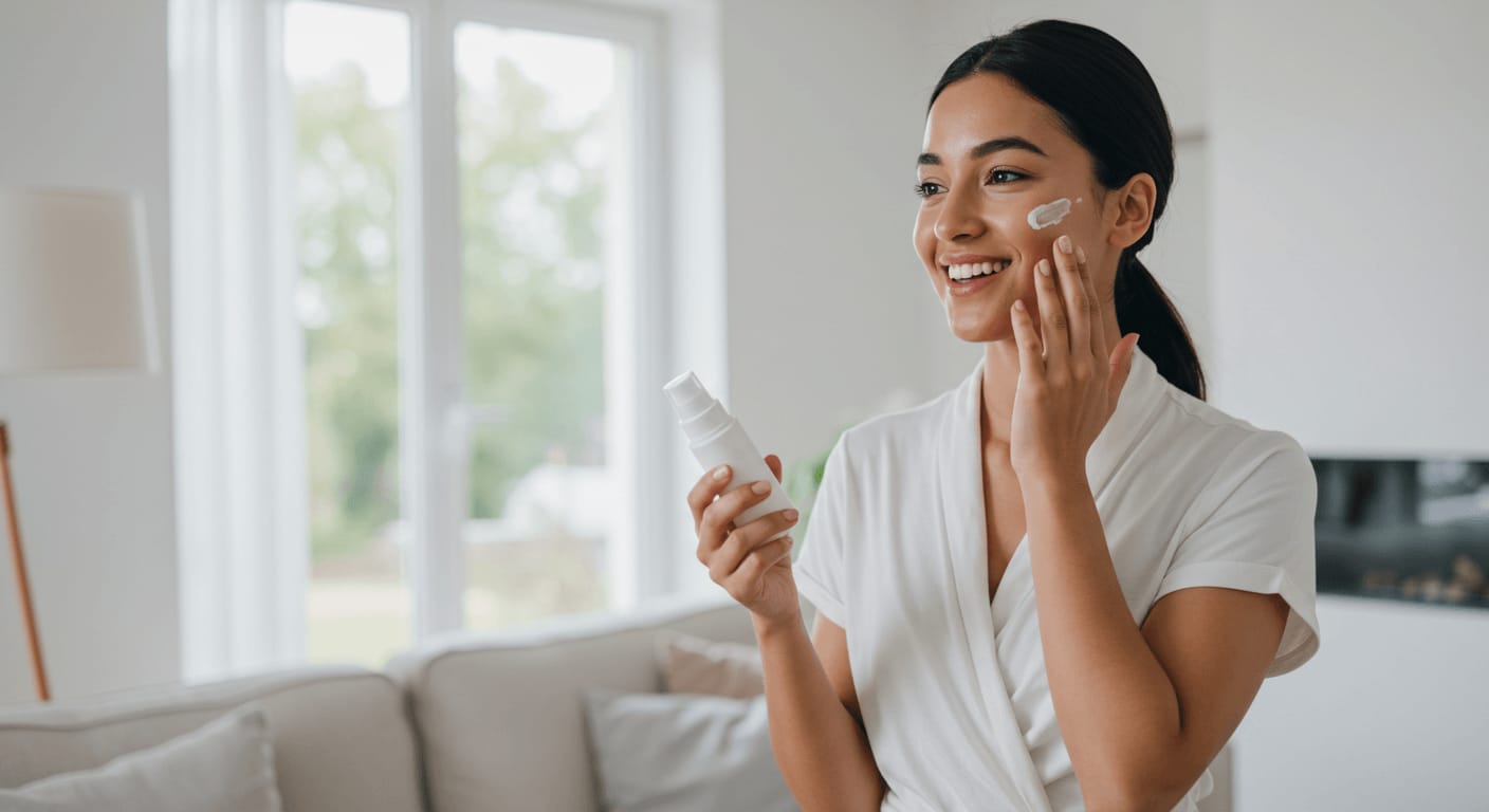 A smiling woman applying moisturizer to her face while holding a skincare bottle, standing in a bright, modern living space.