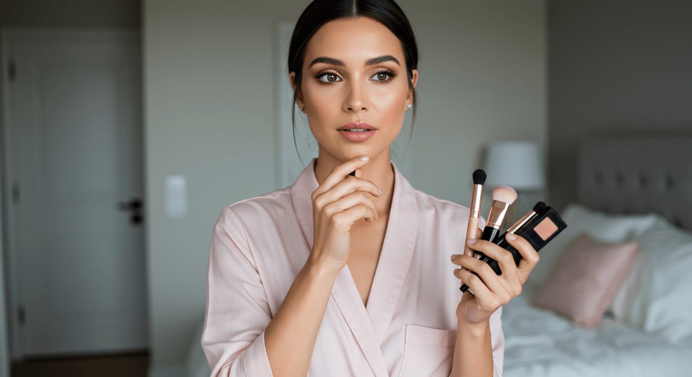 A thoughtful woman in a pink robe holding makeup brushes and a blush compact, contemplating her makeup choices.
