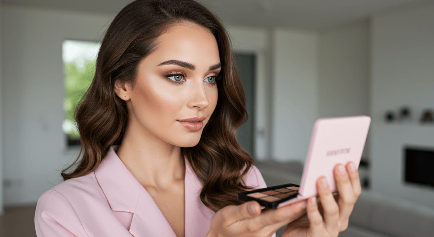 A woman in a pink blazer applies makeup while looking into a small compact mirror.