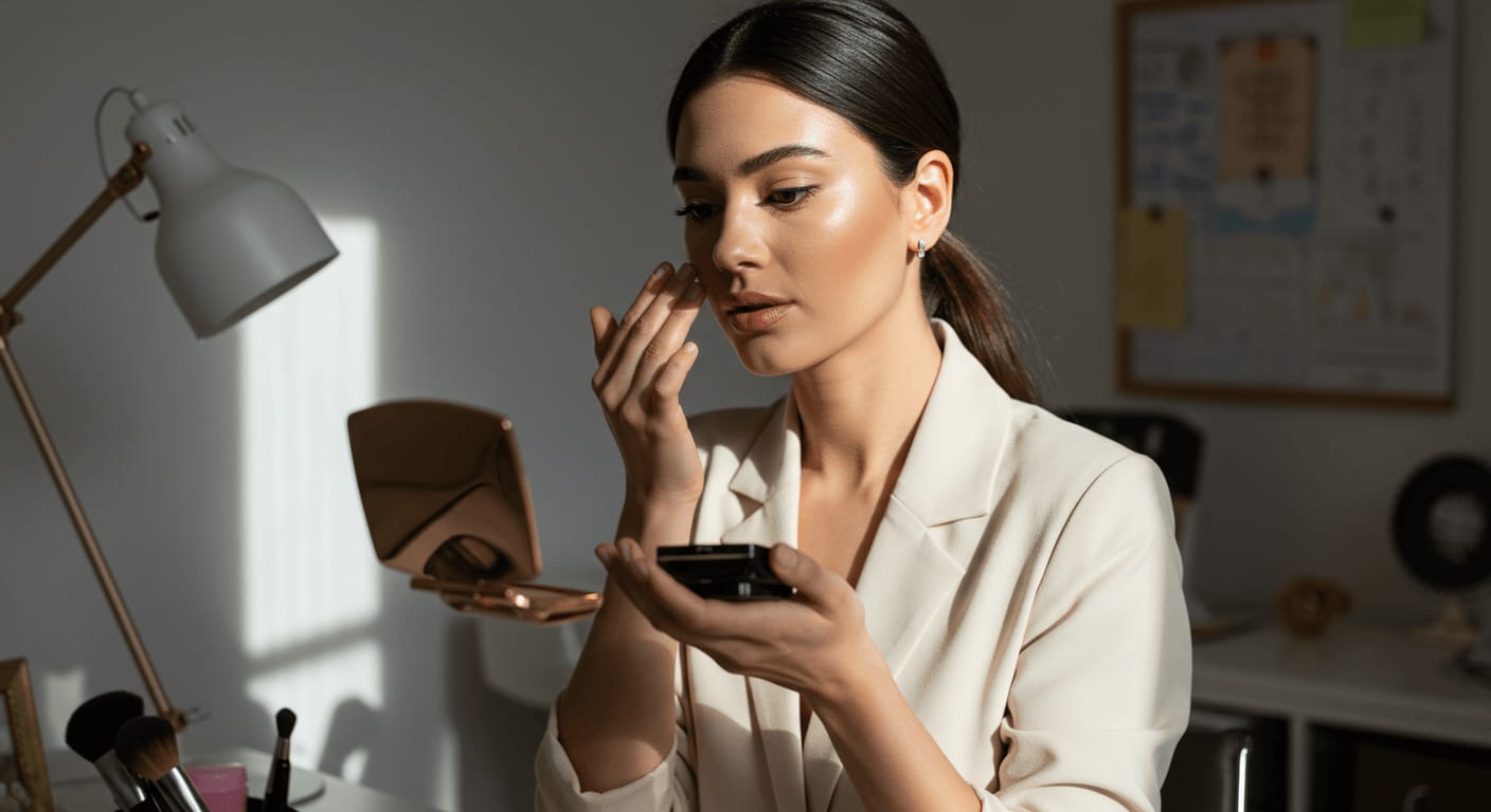 A woman in a beige blazer applies makeup with her fingers while looking into a compact mirror.
