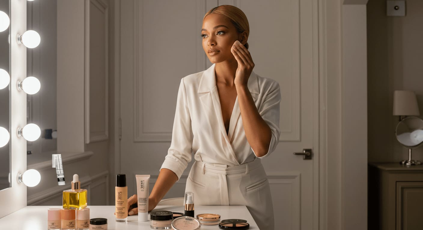 A sophisticated woman in a chic white outfit applies makeup in a softly lit vanity space, surrounded by high-end beauty products.